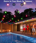Outdoor scene with 48 Ft RGBIC Outdoor String Lights With 15 Dimmable LEDs IP65 Waterproof over a pool and people dancing.