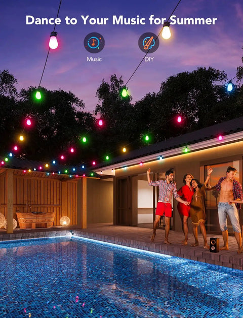 Outdoor scene with 48 Ft RGBIC Outdoor String Lights With 15 Dimmable LEDs IP65 Waterproof over a pool and people dancing.