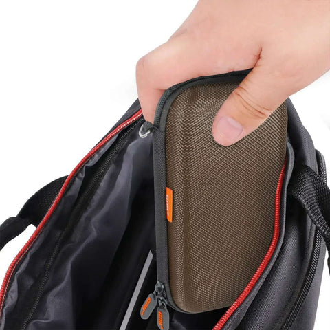 Brown Shockproof Eva Hard Case Travel Cord Organizer Pouch Bag For Universal External Hdd being pulled from interior compartment.