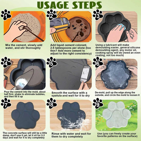 Illustration of steps for using Two Big Paw Print Stepping Stone Molds Set 16 Inch And 13 Inch Concrete Textured Plastic Craft Molds for Garden Decor.