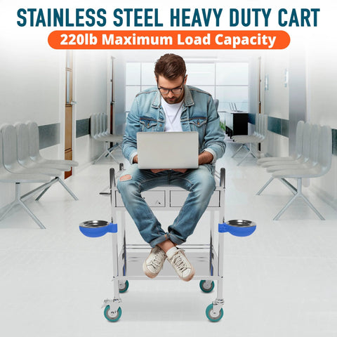 Man sitting on Improved Medical Stainless Steel Two Tier Rolling Cart With Wheels And Drawers for dental clinics and hospitals
