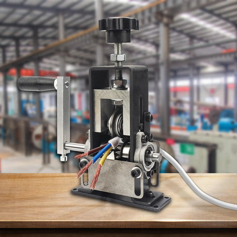 Manual Wire Stripping Machine For Copper And Aluminum Wires with Hand Crank or Drill Compatibility on workbench