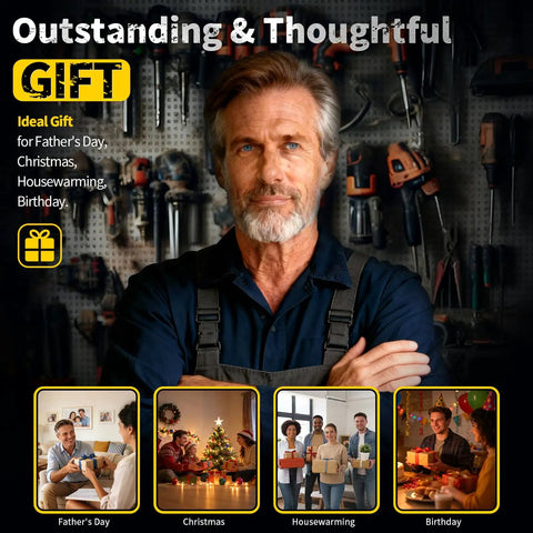 Man in workshop with tools on wall promoting gift ideas for Father's Day, Christmas, housewarming, and birthdays.