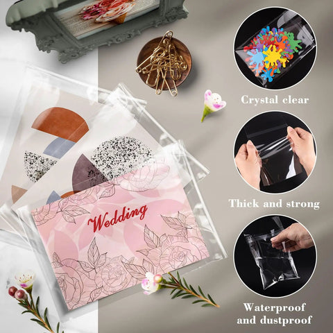 Crystal Clear 11x14 Self Sealing Sleeves Pack Of 100, 1.6 Mil Acid Free Resealable Bags showcasing artwork, with features listed.