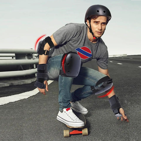 Man wearing 6 In 1 Protective Gear Set With Knee Pads Elbow Pads And Wrist Guards For Skateboarding Biking Roller Skating And Cycling Adults And Kids Durable Impact Resistant With Ventilated Foam For Comfort And All Day Safety, skating on a road, showcasing durability and safety features.