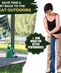 Woman using Manual Clothes Wringer For Camping And Travel Ultra Light Hand Wash Spinner by a lake, demonstrating portable laundry use.