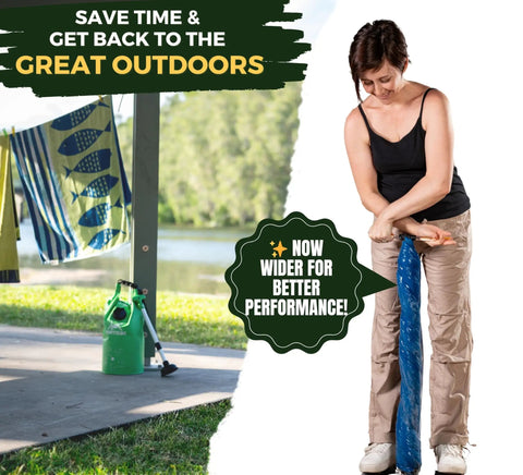 Woman using Manual Clothes Wringer For Camping And Travel Ultra Light Hand Wash Spinner by a lake, demonstrating portable laundry use.