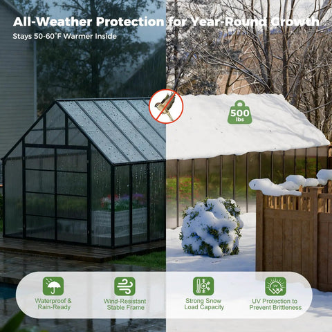 10 By 32 Ft Outdoor Greenhouse With Aluminum Frame, Polycarbonate Panels, snow-covered and rain-protected design