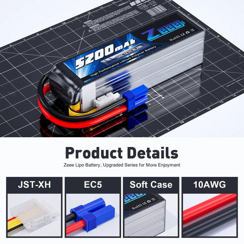 5S 5200mAh RC LiPo Battery 18.5V 100C Soft Pack with EC5 Connector on display with product details and specifications