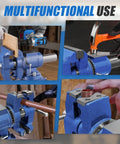 Heavy Duty 4 Inch Bench Vise With 360 Degree Swivel Base And Anvil in use for woodworking, metalworking, and conduit tasks