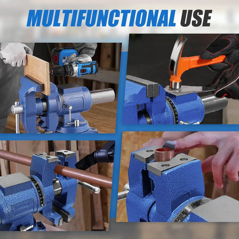 Heavy Duty 4 Inch Bench Vise With 360 Degree Swivel Base And Anvil in use for woodworking, metalworking, and conduit tasks