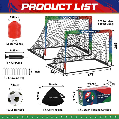 Two Pack Easy Fold Pop Up Kids Soccer Goals For Backyard Play With Net Size 3 Soccer Ball Pump 10 Training Cones Ground Stakes And Carry Bag