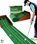 Indoor Putting Green With Automatic Ball Return, Solid Wood Frame, Realistic Roll, Easy 1 Minute Setup shown with golfer in action