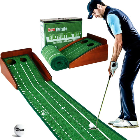Indoor Putting Green With Automatic Ball Return, Solid Wood Frame, Realistic Roll, Easy 1 Minute Setup shown with golfer in action