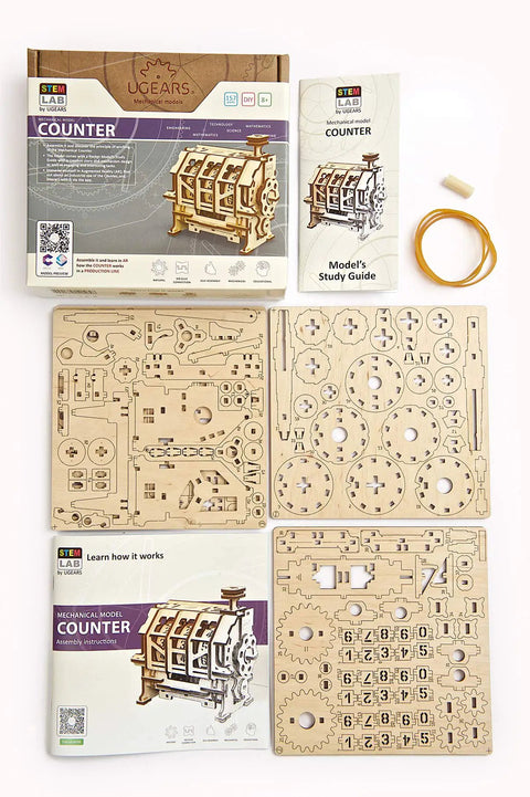 Mechanical Counter Puzzle Kit For STEM Teaching And Engineering Hands On Play Three Gear Cylinders With 0 To 9 Digits Geneva Drive Records 1 To 999 Perfect For Counting Steps Visitors Or Production Items Educational Toy, wooden parts and manual