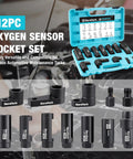 O2 Sensor Socket Set With 6 Sizes And 3/8 Inch And 1/2 Inch Drives in blue case with individual sockets displayed