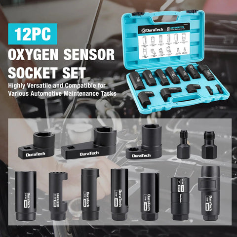 O2 Sensor Socket Set With 6 Sizes And 3/8 Inch And 1/2 Inch Drives in blue case with individual sockets displayed