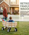 Steel Frame Wagon With 8 Inch All Terrain Air Tires And Wooden Side Panels being pulled in a yard by a person