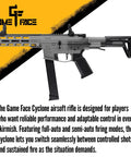 Cyclone AEG Full Auto And Semi Auto Airsoft Rifle with 12 Round Rotary Magazine, realistic design on orange background.
