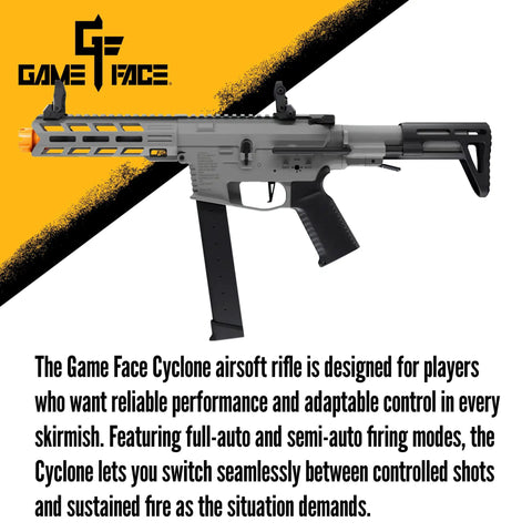 Cyclone AEG Full Auto And Semi Auto Airsoft Rifle with 12 Round Rotary Magazine, realistic design on orange background.