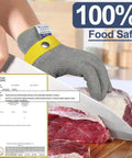 Person wearing ANSI A9 Pro Grade Cut Resistant Glove With Stainless Steel Mesh For Food Grade Safety slicing red meat