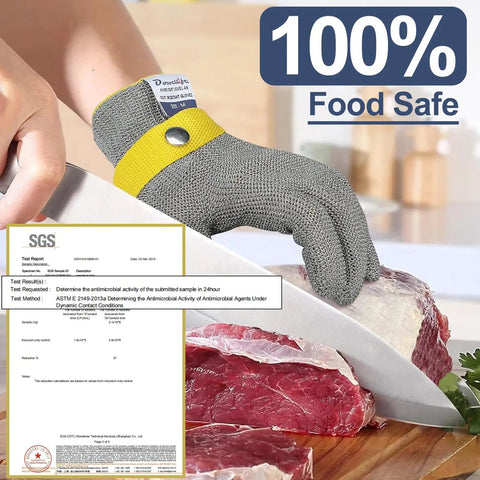 Person wearing ANSI A9 Pro Grade Cut Resistant Glove With Stainless Steel Mesh For Food Grade Safety slicing red meat