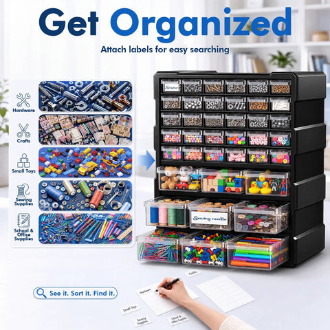 Two Size Drawer Organizer For Garage And Craft Storage With Dividers And Labels, black plastic drawer unit with small drawers