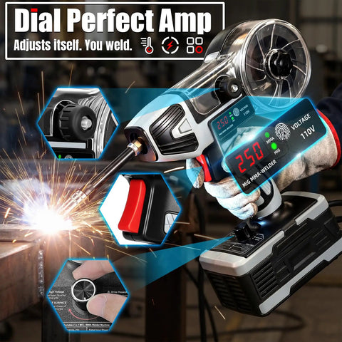 2 in 1 Handheld MIG and Stick Welder Workhorse Portable 250A Flux Core Gasless Welder 110V IGBT Inverter MMA Arc Gun LCD Display