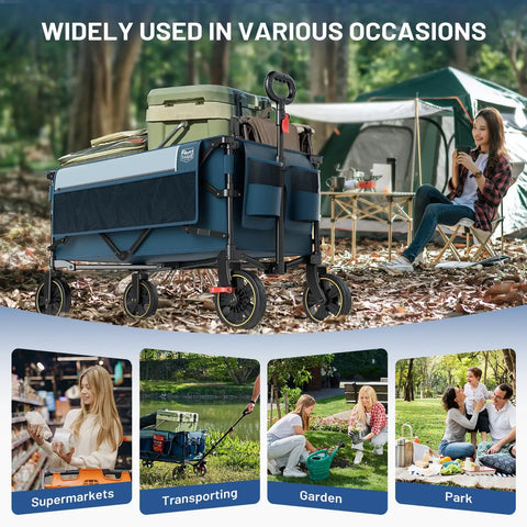 Heavy Duty Collapsible Wagon Cart With Brakes 200L Large Capacity Folding Utility Wagon in camping scene