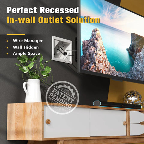 Pro Grade In Wall TV Box With Sleek Flange For Tidy Home Theater Wiring placed above a wooden TV stand, showing recessed outlet and cables.