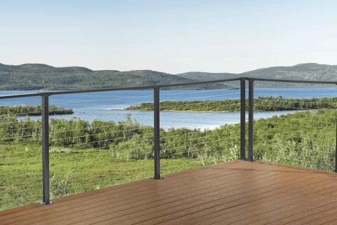 Straight Out The Box 20Ft Bronze Cable Railing Kit For Decks With Marine Grade Stainless Steel Wire Pre Drilled Posts And Base Mount in scenic view.