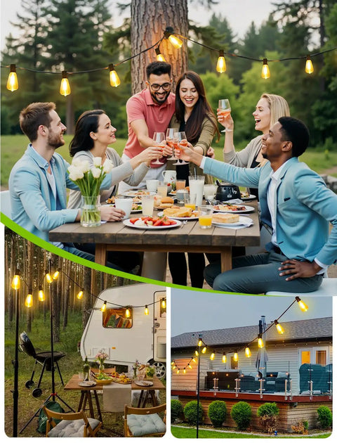 Group enjoying dinner under 48Ft Solar Powered Outdoor String Lights With Remote Waterproof Dimmable Patio Lighting in backyard.