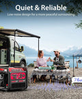 Couple camping with Dual Fuel Portable Inverter Generator 4400-Watt, Gas Powered With CO Sensor, and van backdrop