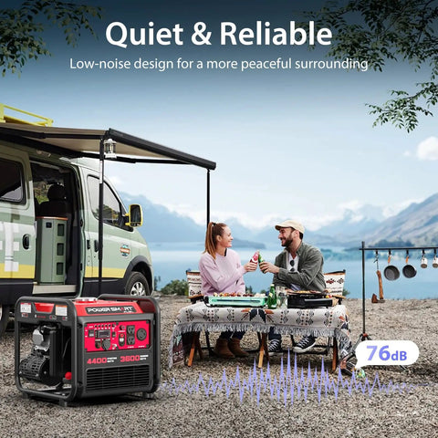 Couple camping with Dual Fuel Portable Inverter Generator 4400-Watt, Gas Powered With CO Sensor, and van backdrop