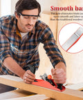 Adjustable Wooden Hand Planer Features An Extra Thick Steel Blade Barbell Depth Lock in use for smooth trimming on wood.