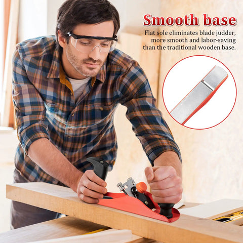 Adjustable Wooden Hand Planer Features An Extra Thick Steel Blade Barbell Depth Lock in use for smooth trimming on wood.