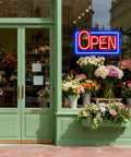 22 Inch LED Neon Open Sign For Storefront Windows in floral shop, bright blue and red with durable silicone build