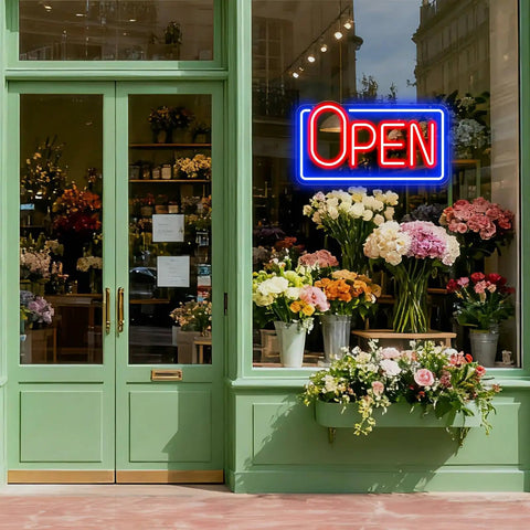 22 Inch LED Neon Open Sign For Storefront Windows in floral shop, bright blue and red with durable silicone build