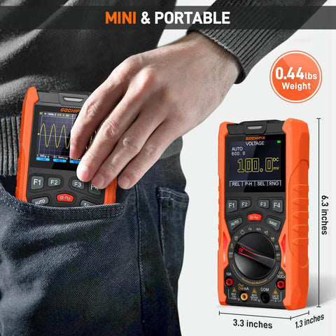 Handheld 3 In 1 Oscilloscope Multimeter And Waveform Generator With 12MHz Bandwidth 50MSaPerS Sampling USB Lab Scope Kit shown in pocket
