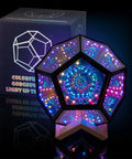 Dodecahedron RGBW Gaming Light With Infinity Mirror Effect emitting colorful lights, modern LED desk lamp for bedroom and game room
