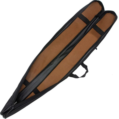Interior view of Rugged Waterproof Sword Case With Padded Lining And Shoulder Strap, 48 Inch Martial Arts Bag, open with brown interior