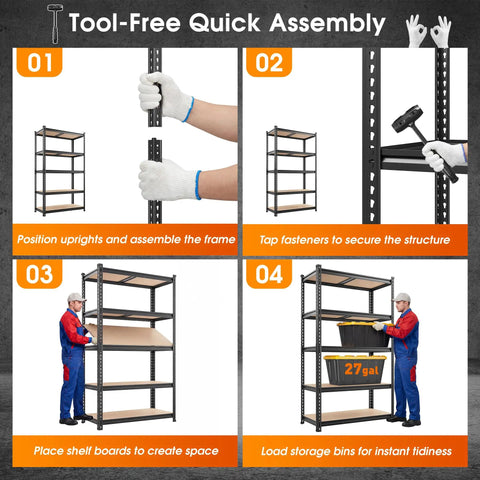 Assembly steps for Heavy Duty Garage Shelving 5 Tier Metal Storage Unit 2400 Lbs Capacity Adjustable Shelves 72x36x16 Inch