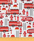 Red Fire Truck Theme Fabric For Kids Sewing Decor With Fire Hydrant And Extinguisher Prints By The Yard Waterproof Polyester