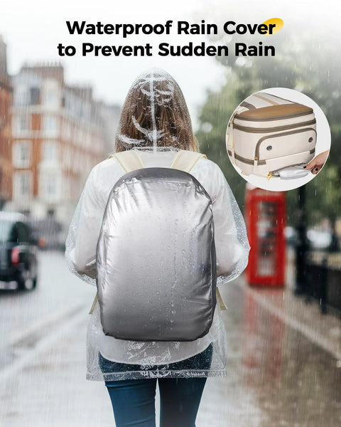Rear view of Frontier Friendly Under Seat Personal Item Backpack For Women Waterproof Travel Bag With Luggage Tag And Rain Cover Fits 17.3 Inch Laptops Lightweight TSA Approved Two Piece Set in rainy street with rain cover on.
