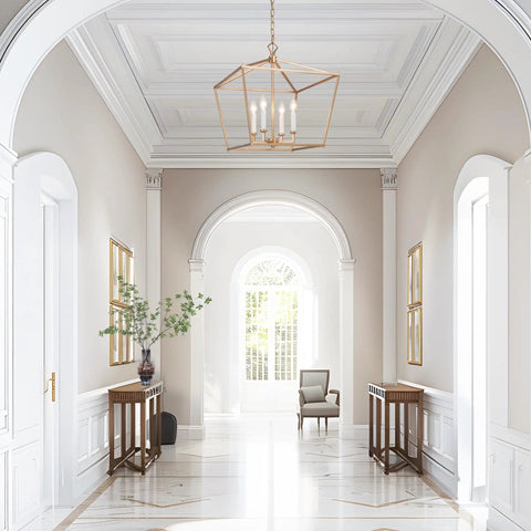 Elegant hallway with modern brushed gold finish chandelier featuring six lights and rotating arms, enhancing architecture