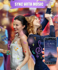 Two women dancing with colorful lights and music notes, phone controlling Music Sync RGB LED Strip Lights With App And Remote Control 50 Ft.