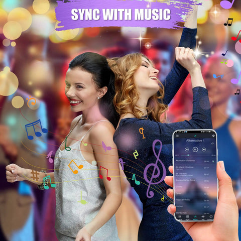 Two women dancing with colorful lights and music notes, phone controlling Music Sync RGB LED Strip Lights With App And Remote Control 50 Ft.