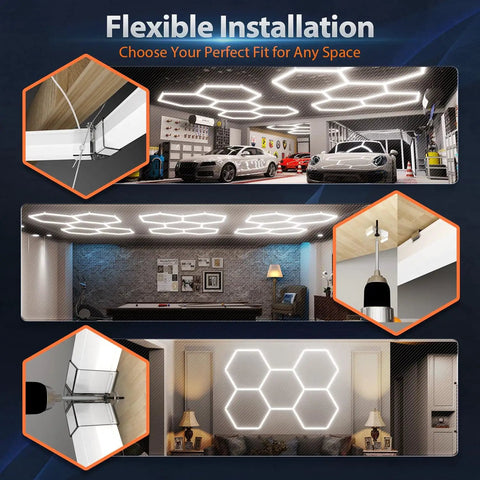 Hexagon 168W LED Garage Light With 5 Grid Panels, Dope Ultra Bright 6500K Daylight installed in various spaces like garage and room