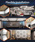 Hexagon Garage LED Lights 322W 11 Panel Grid Ceiling Mount Kit Easy Install Hella Bright 6500K Daylight White for garages