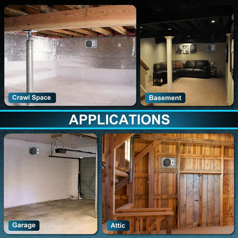 Various applications of the 260CFM Crawl Space Ventilator Fan With Humidistat And Dehumidistat, 6.7 Inch Vent in different spaces